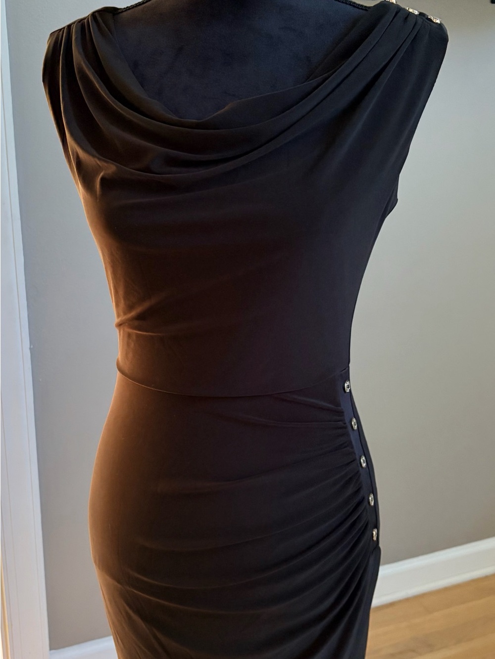 White House Black Market Black Draped Midi Dress with Side Button Detail